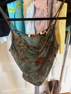 Olive Green Floral Velvet Burnout Cowl Neck Camisole